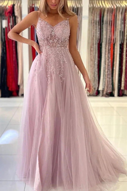 V-neck Pink Tulle A-line Beaded Prom Dresses, Evening Dresses