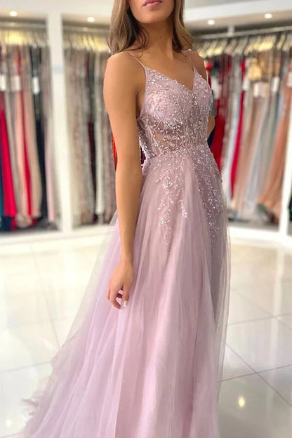 V-neck Pink Tulle A-line Beaded Prom Dresses, Evening Dresses