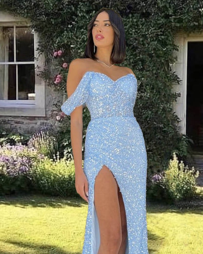 Mermaid Baby Blue Prom Dresses ,Sparkly Split Evening Dress