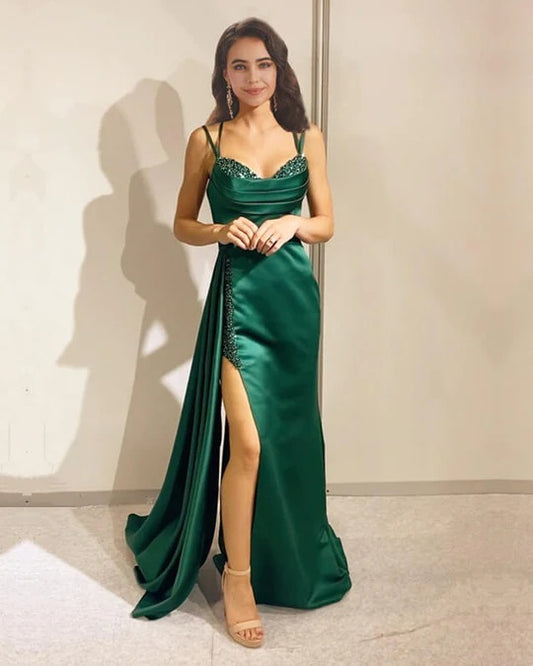 Mermaid Multi Long Straps Satin Prom Dress With Slit