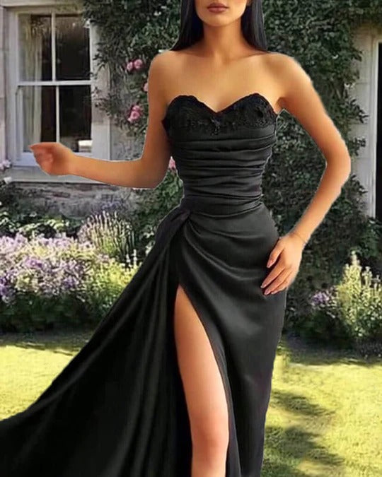 Mermaid Black Prom Dresses Satin Split Evening Dress luladress