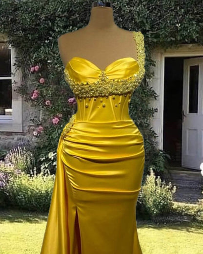 Mermaid Yellow Long Pearl Prom Dresses,Evening Dresses