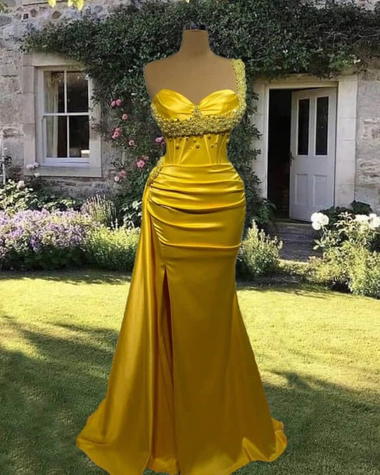 Mermaid Yellow Long Pearl Prom Dresses,Evening Dresses