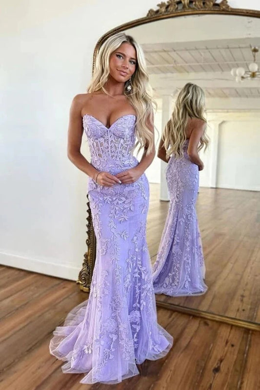 Sweetheart Purple Neck Long Mermaid Prom Dresses With Lace Appliques