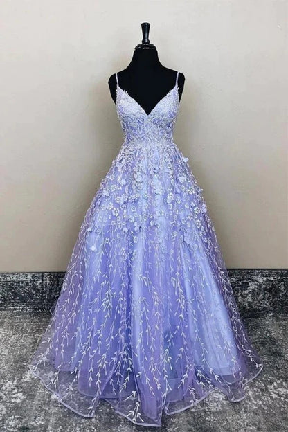 Long Purple Tulle A-line Lace Appliques Prom Dresses