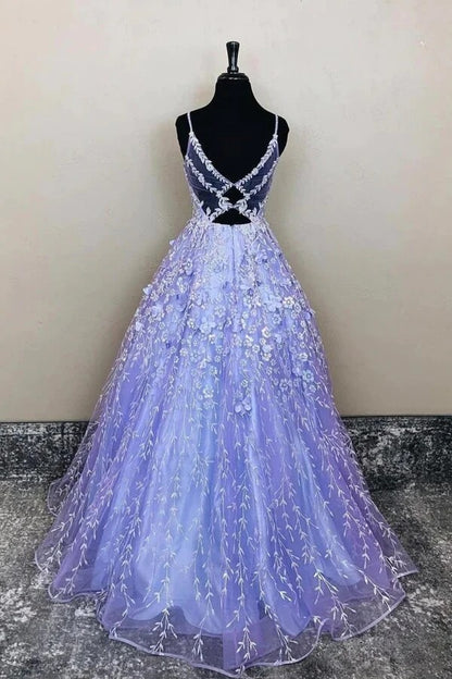 Long Purple Tulle A-line Lace Appliques Prom Dresses