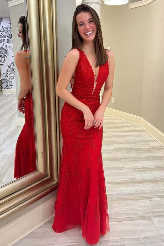 V-neck Red Mermaid Floor Length Lace Prom Dresses, Evening Dresses