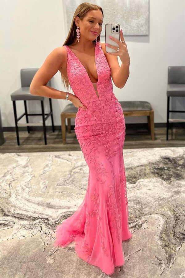 V-neck Red Mermaid Floor Length Lace Prom Dresses, Evening Dresses,BD930743