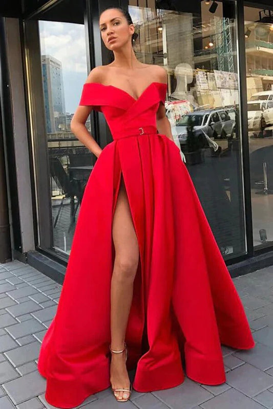 Red Satin A-line High Split Off-the-Shoulder Prom Dresses With Pockets