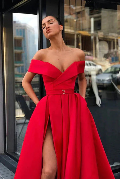 Red Satin A-line High Split Off-the-Shoulder Prom Dresses With Pockets