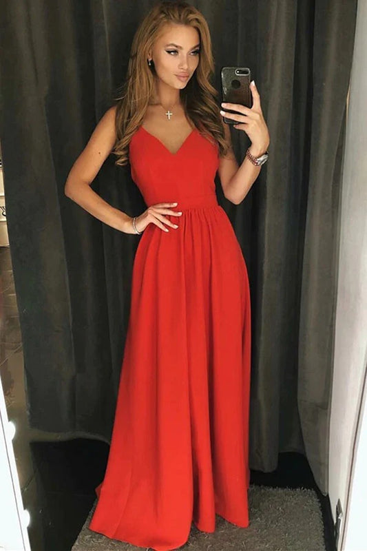 A-line Spaghetti Straps Red Satin Backless Prom Dresses, Evening Gown