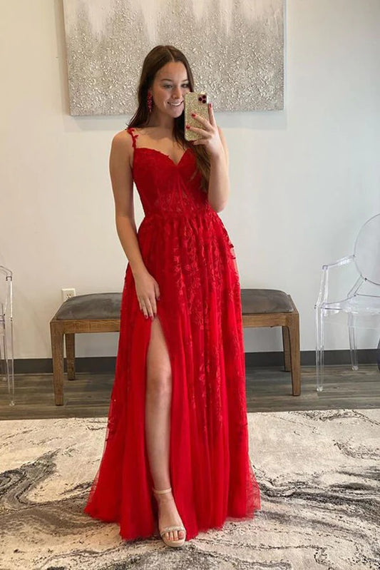 A-line Red Tulle Sweetheart Prom Dresses With Lace Appliques