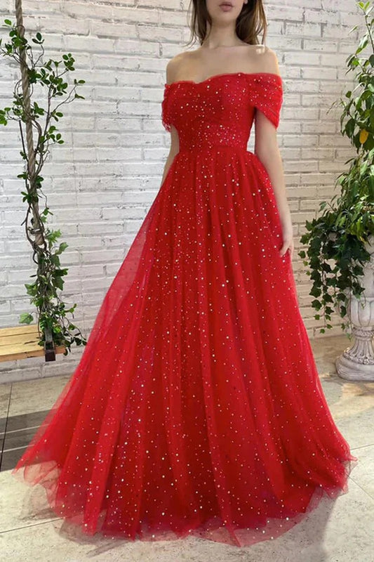 Red Tulle Long Off the Shoulder Prom Dresses, A-line Evening Dresses