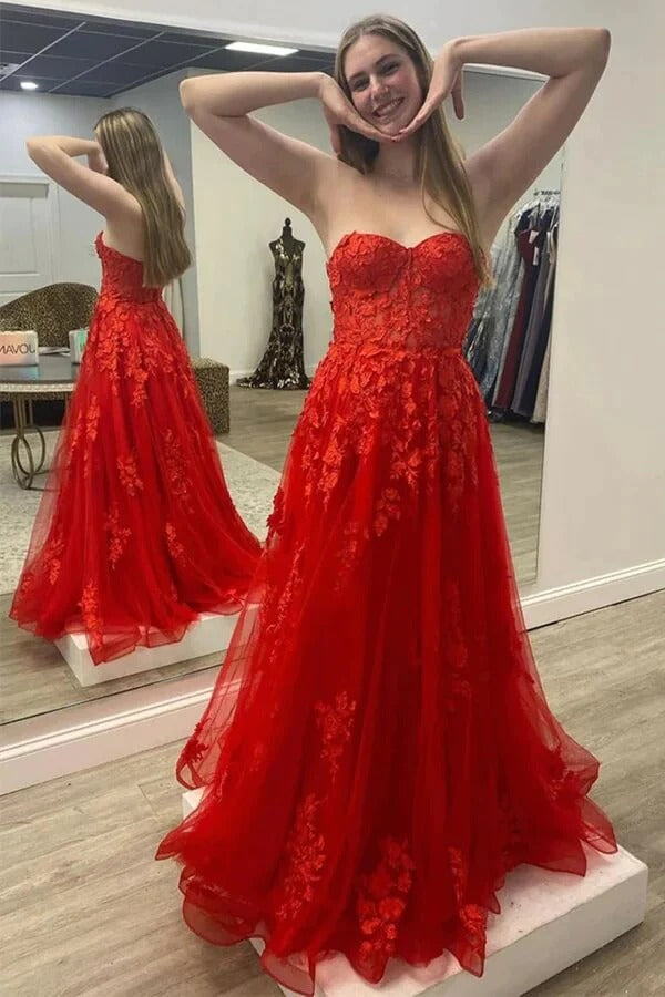 Long Red Tulle Strapless Prom Dresses, Lace Appliques Evening Dresses,BD930767