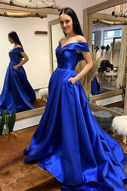 Off Shoulder Royal Blue A-line Prom Dresses, Evening Dresses With Train