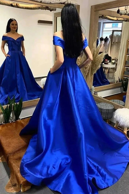 Off Shoulder Royal Blue A-line Prom Dresses, Evening Dresses With Train