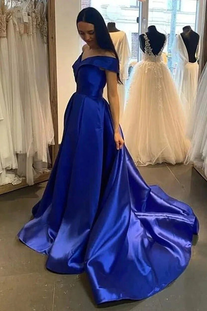 Off Shoulder Royal Blue A-line Prom Dresses, Evening Dresses With Train