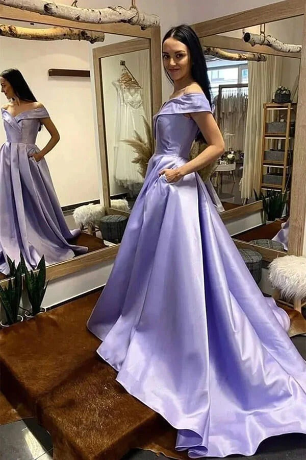 Off Shoulder Royal Blue A-line Prom Dresses, Evening Dresses With Train