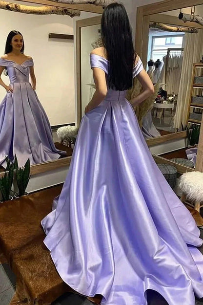 Off Shoulder Royal Blue A-line Prom Dresses, Evening Dresses With Train