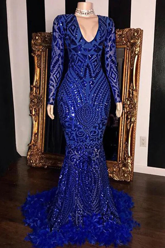 Royal Blue Mermaid V-neck Long Prom Dresses With Sleeves, Evening Dresses