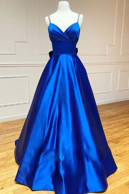 Royal Blue Satin A-line Spaghetti Straps Long Prom Dresses,BD930785