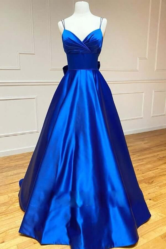 Royal Blue Satin A-line Spaghetti Straps Long Prom Dresses