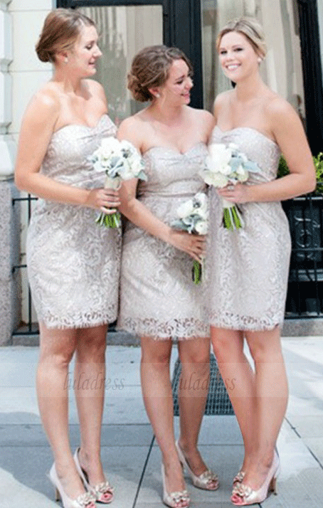 Sheath Lace Sweetheart Silver Above-knee Bridesmaid Dress