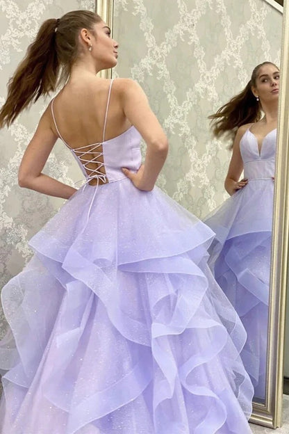 Shiny Purple Tulle A-line V-neck Prom Dresses, Spaghetti Straps Evening Dresses