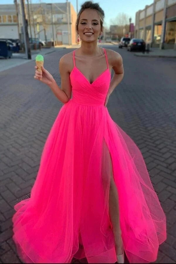 Simple Tulle A-line Hot Pink Prom dresses With Slit, Long Formal Dress