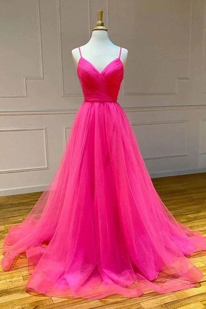 Simple Tulle A-line Hot Pink Prom dresses With Slit, Long Formal Dress