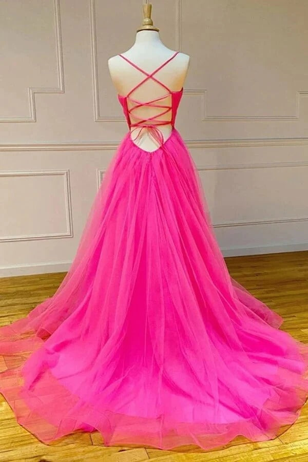 Simple Tulle A-line Hot Pink Prom dresses With Slit, Long Formal Dress,BD930717