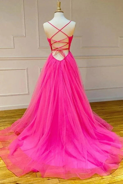 Simple Tulle A-line Hot Pink Prom dresses With Slit, Long Formal Dress