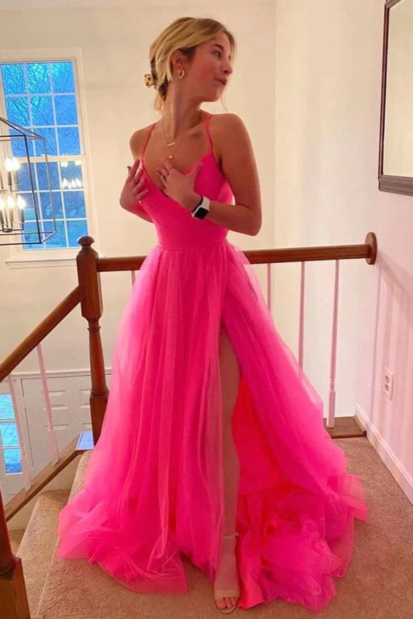 Simple Tulle A-line Hot Pink Prom dresses With Slit, Long Formal Dress –  luladress