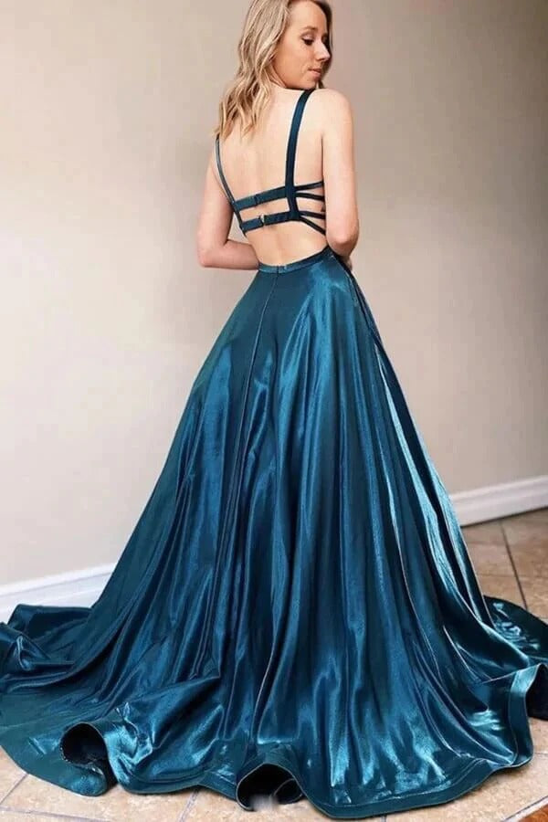 Simple Satin A-line Square Neck Backless Prom Dresses, Evening Dresses