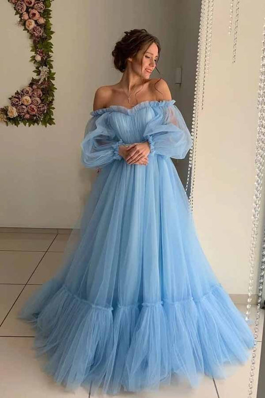 Sky Blue A-line Tulle Off-the-Shoulder Prom Dresses, Long Formal Dresses