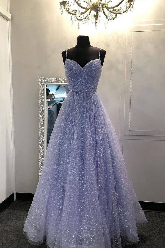 A-line V Neckline Sparkly Lilac Tulle Prom Dresses, Evening Dresses