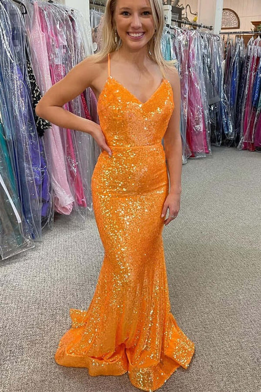 Orange Sequins Mermaid Sparkly Long Prom Dresses, Evening Dresses