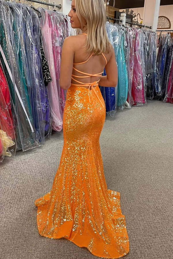 Orange Sequins Mermaid Sparkly Long Prom Dresses, Evening Dresses