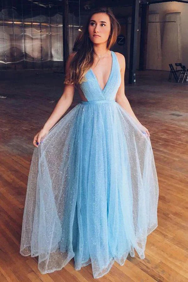 A-line Sparkly Tulle Light Blue Prom Dresses, Party Dress