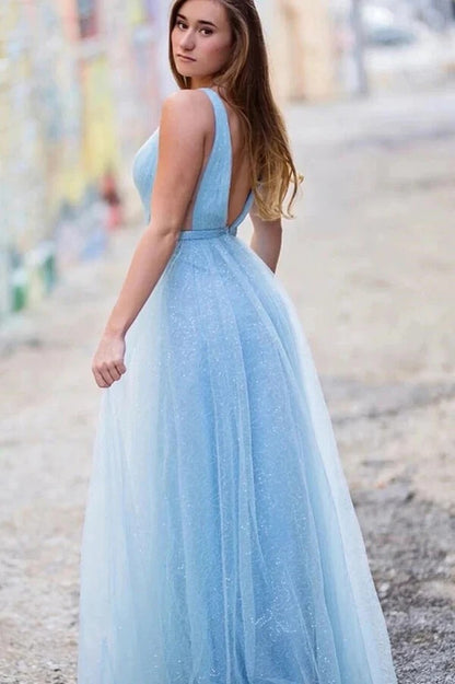 A-line Sparkly Tulle Light Blue Prom Dresses, Party Dress