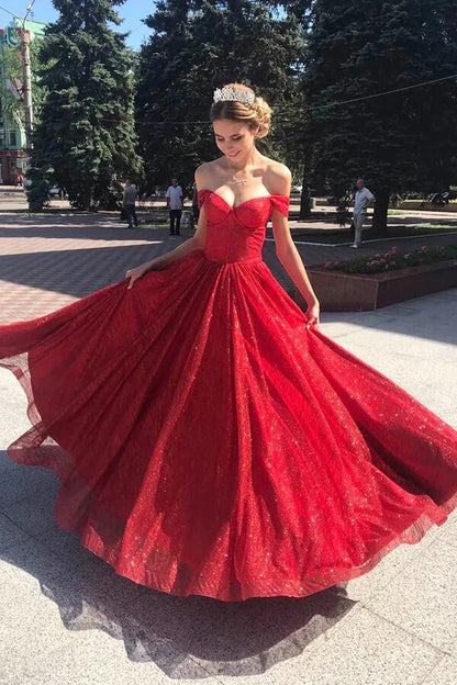 Sparkly Tulle Off Shoulder Red A-line Long Prom Dresses, Evening Dresses