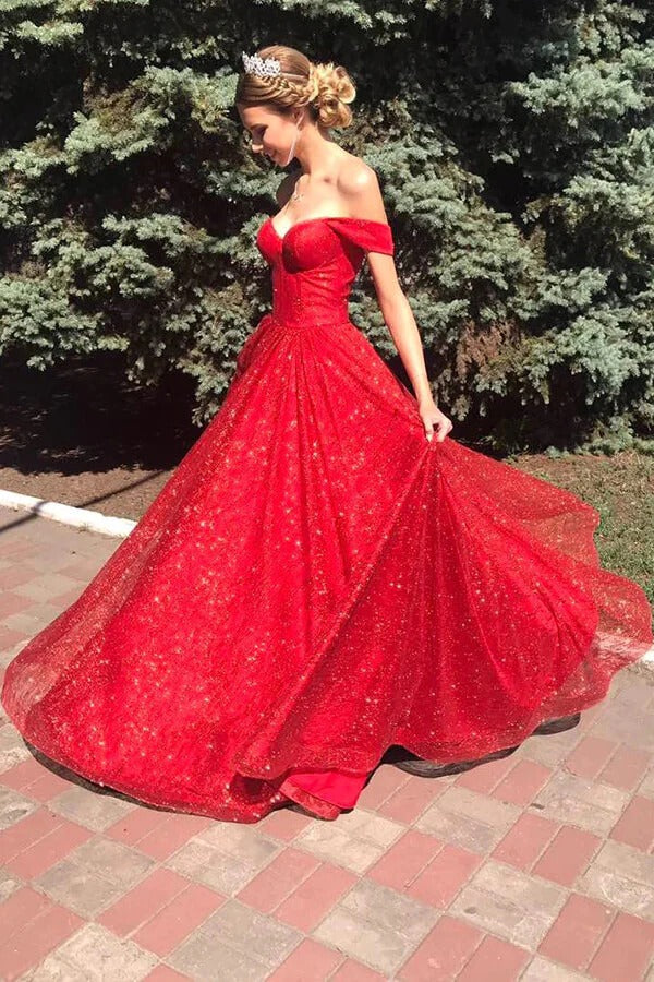 Sparkly Tulle Off Shoulder Red A-line Long Prom Dresses, Evening Dresses