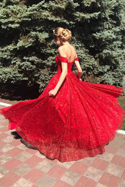 Sparkly Tulle Off Shoulder Red A-line Long Prom Dresses, Evening Dresses