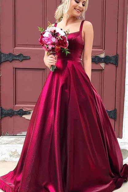 Taffeta Long A-line Scoop Spaghetti Straps Prom Dresses With Pockets