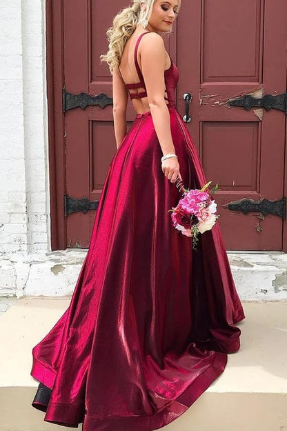 Taffeta Long A-line Scoop Spaghetti Straps Prom Dresses With Pockets