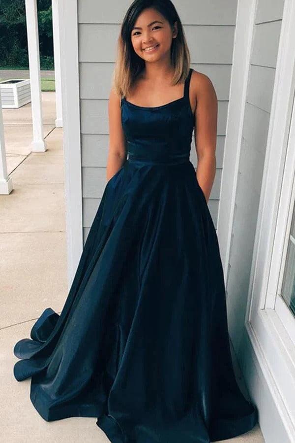 Taffeta Long A-line Scoop Spaghetti Straps Prom Dresses With Pockets