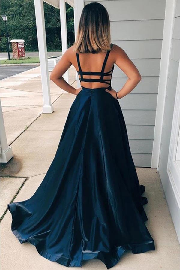 Taffeta Long A-line Scoop Spaghetti Straps Prom Dresses With Pockets