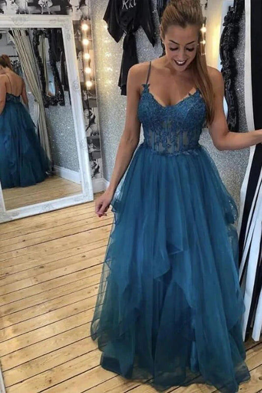 A-line V-neck Teal Tulle Spaghetti Straps Prom Dresses With Lace Appliques