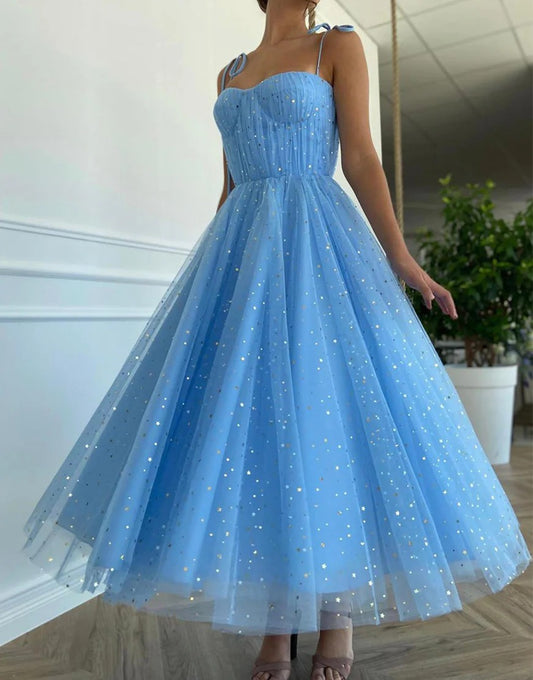 Tulle Blue Sweetheart Prom Dresses Homecoming Dresses with Stars