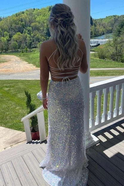 Mermaid White Sequins Backless Slit Prom Dresses, Evening Dress,BD930735